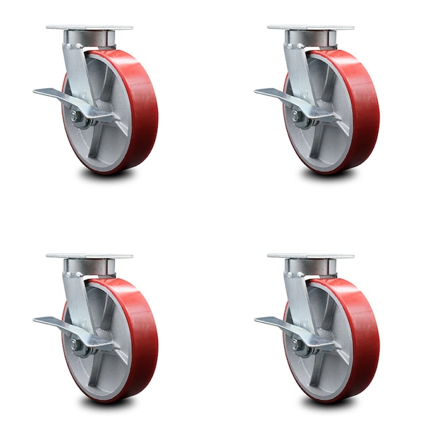 8 Inch Kingpinless Red Poly on Steel Wheel Swivel Caster Set with Brakes SCC